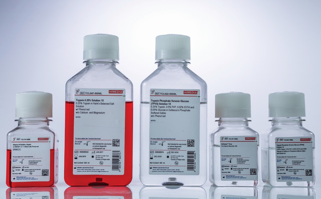 Trypsin Phosphate Versene Glucose (TPVG) Solution 1X 0.25% Trypsin, 0.5% PVP, 0.02% EDTA and 0.05% Glucose in Dulbecco’s Phosphate Buffered Saline w/o Phenol red [TCL022]