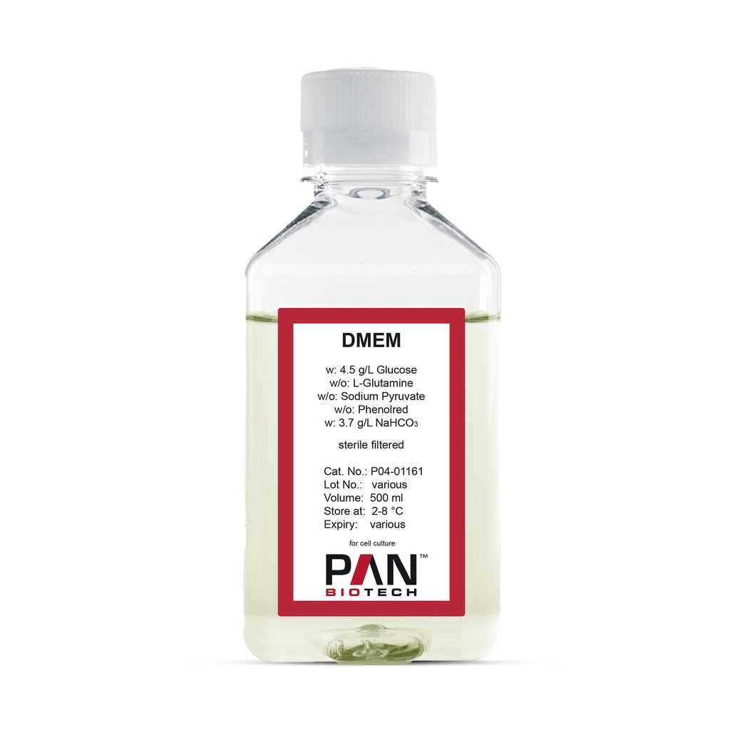 DMEM, w: 4.5 g/L Glucose, w/o: L-Glutamine, w/o: Sodium pyruvate, w/o: Phenol red, w: 3.7 g/L NaHCO3, 500 ml