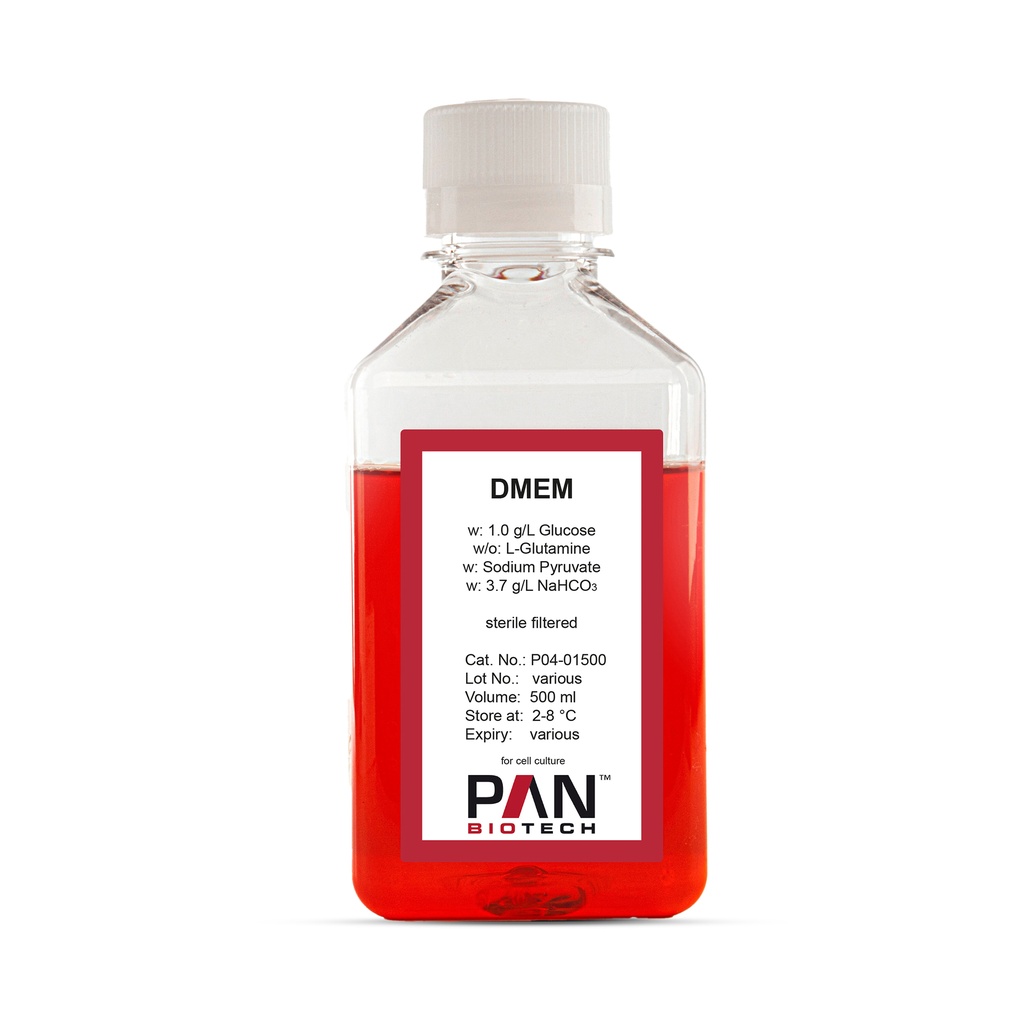 DMEM, w: 1.0 g/L Glucose, w/o: L-Glutamine, w: Sodium pyruvate, w: 3.7 g/L NaHCO3, 500 ml