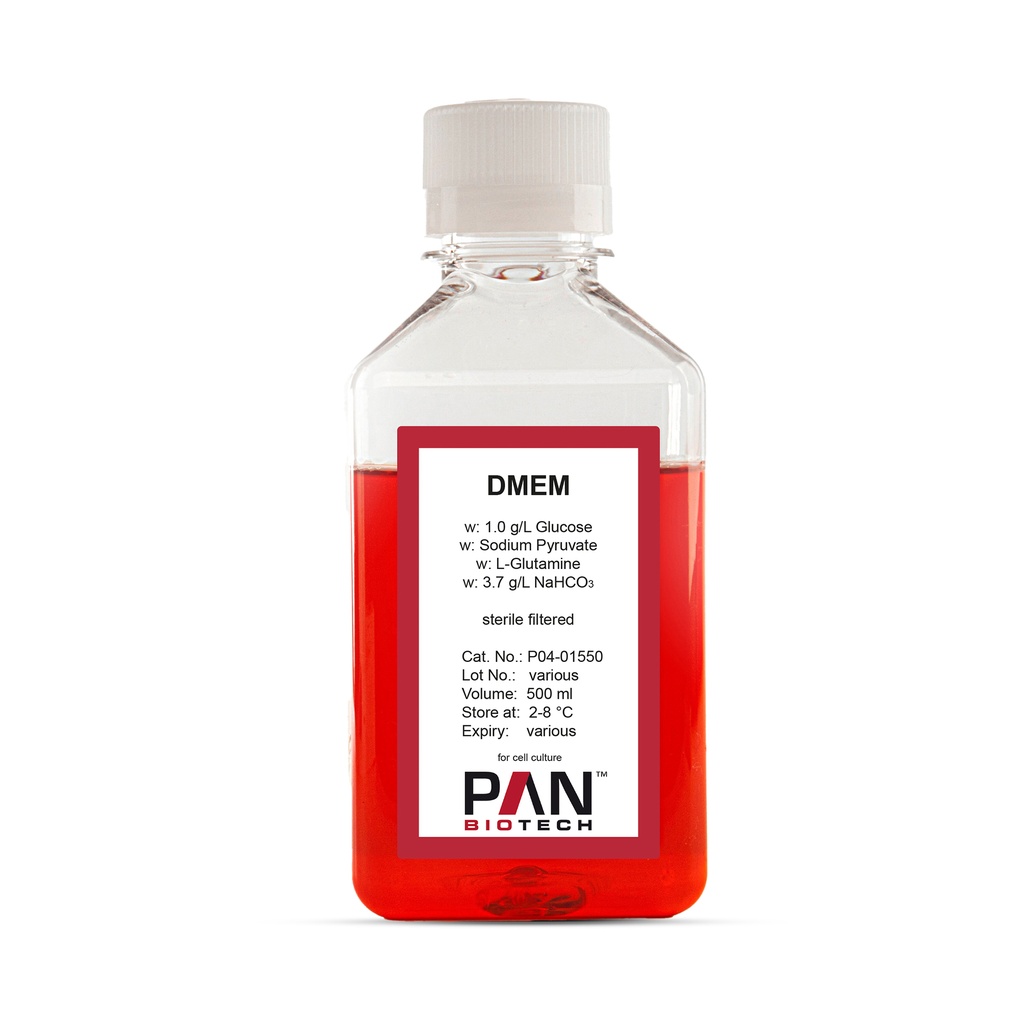 DMEM, w: 1.0 g/L Glucose, w: L-Glutamine, w: Sodium pyruvate, w: 3.7 g/L NaHCO3, 500 ml
