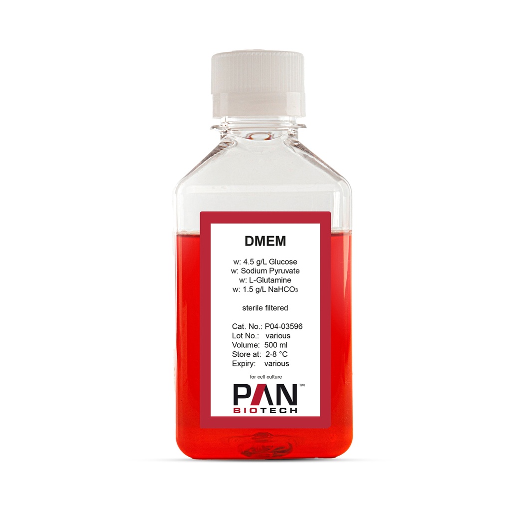 DMEM, w: 4.5 g/L Glucose, w: L-Glutamine, w: Sodium pyruvate, w: 1.5 g/L NaHCO3, 500 ml