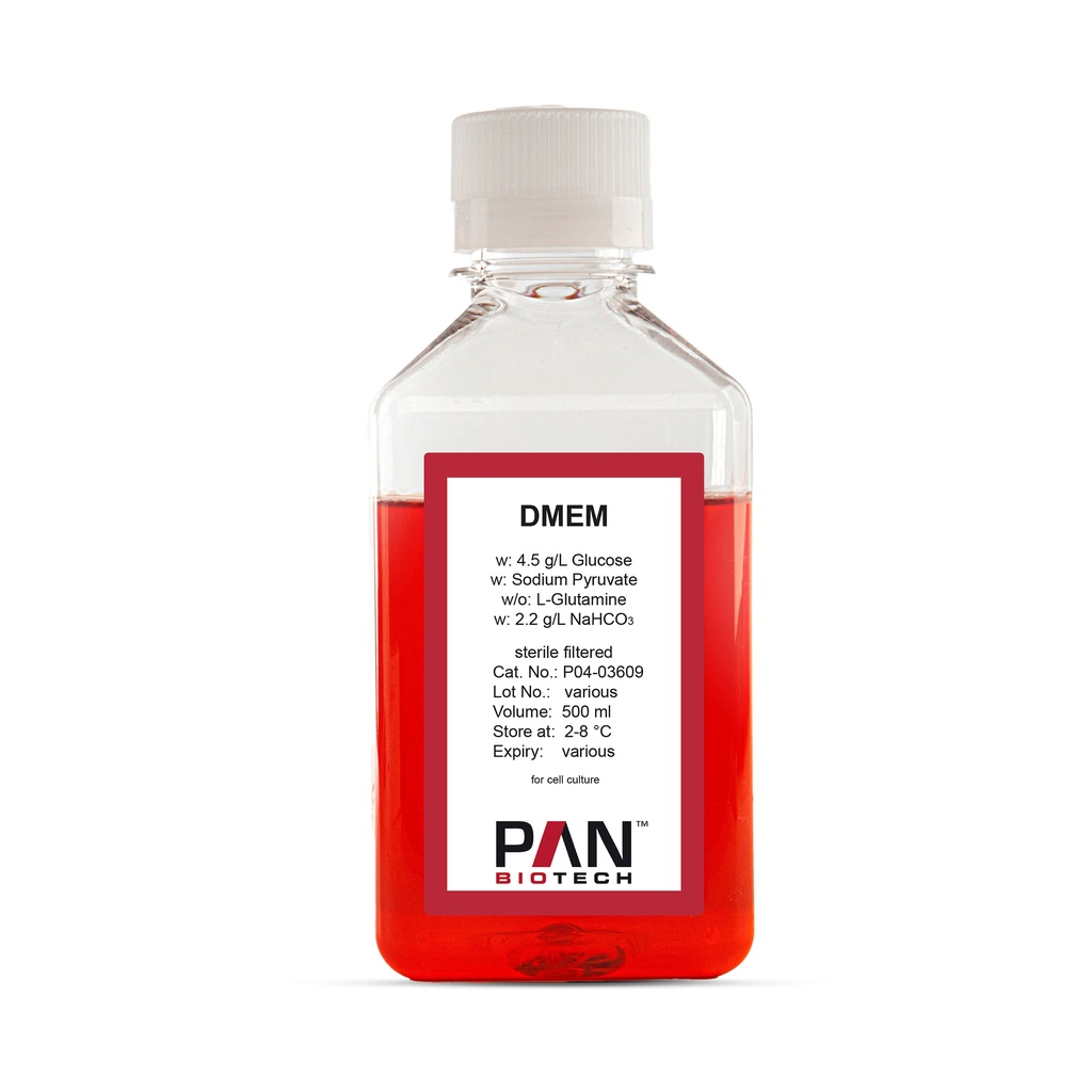 DMEM, w:4.5 g/L Glucose, w/o: L-Glutamine, w: Sodium pyruvate, w: 2.2 g/L NaHCO3, 500 ml
