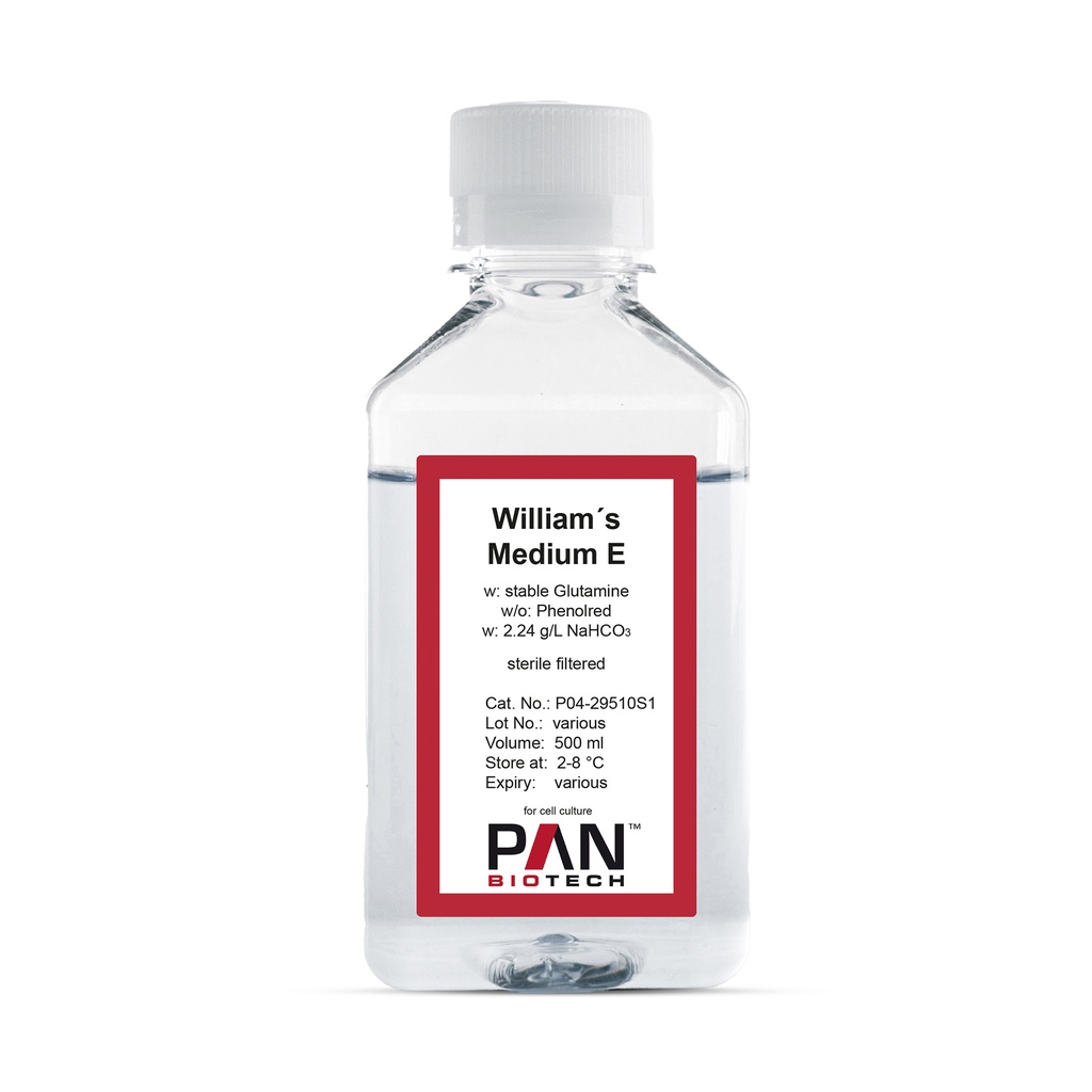 William´s Medium E, w: stable Glutamine, w/o: Phenol red, w: 2.24 g/L NaHCO3, 500 ml