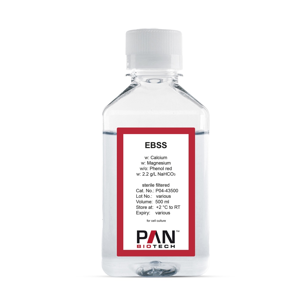EBSS, w: Ca and Mg, w/o: Phenol red, w: 2.2 g/L NaHCO3, 500 ml