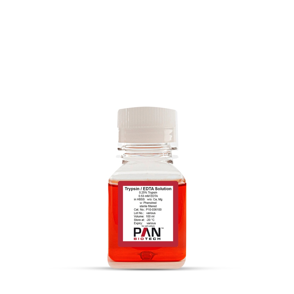 Trypsin 0.25 %/EDTA 0.53 mM in HBSS, w/o: Ca and Mg, w: Phenol red, 100 ml