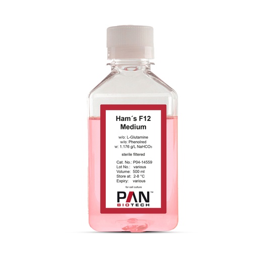 [P04-14559] Ham´s F12 Medium, w/o: L-Glutamine, w/o: Phenol red, w: 1.176 g/L NaHCO3, 500 ml