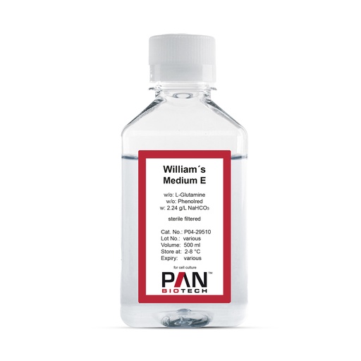 [P04-29510] William´s Medium E, w/o: L-Glutamine, w/o: Phenol red, w: 2.24 g/L NaHCO3, 500 ml