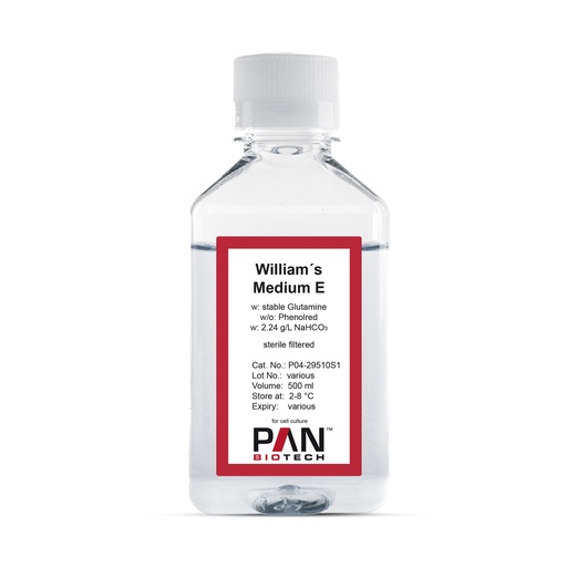 [P04-29510S1] William´s Medium E, w: stable Glutamine, w/o: Phenol red, w: 2.24 g/L NaHCO3, 500 ml